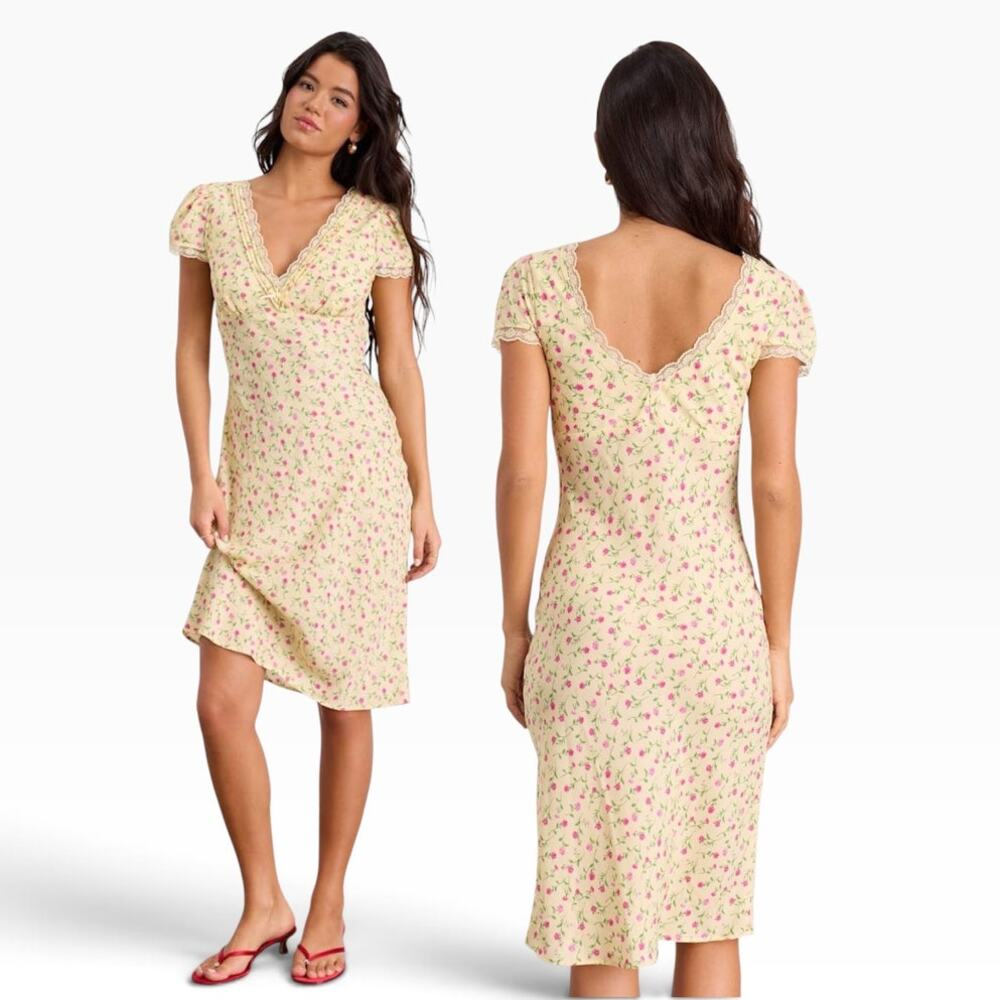 Lulus Liv Light Yellow Ditsy Floral Slip Midi Dress size M NWT